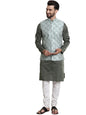 SOJANYA (Since 1958 Men's Jacquard Silk Dark Green Kurta and Cream Pyjama With TGreen Nehrujacket