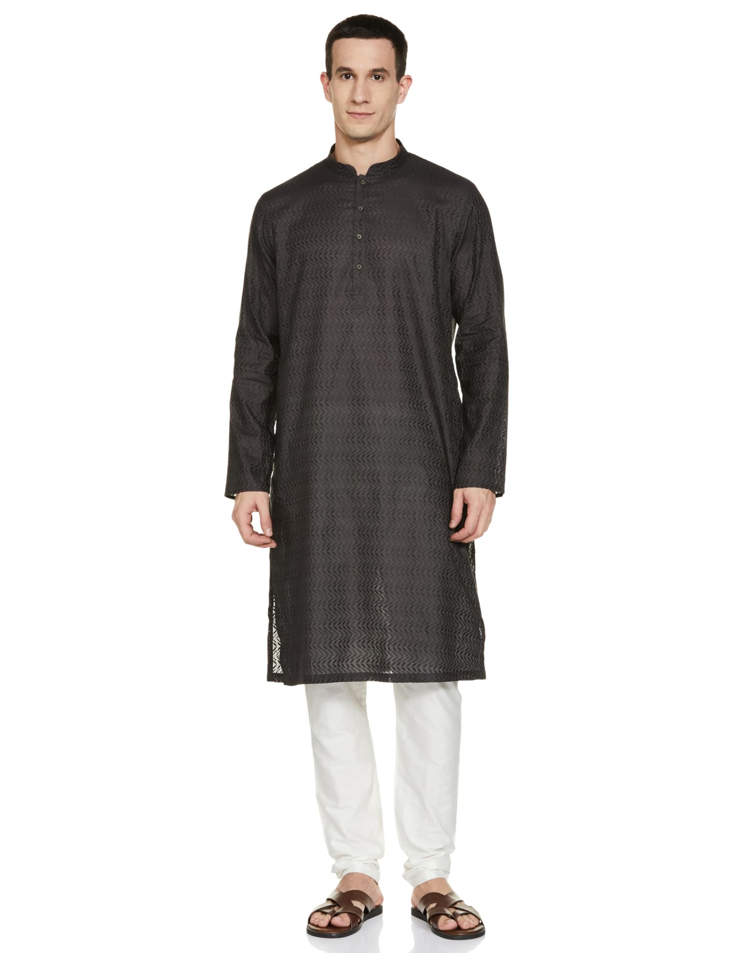 Manyavar Grey Cotton Solid Casual Kurta Set For Men