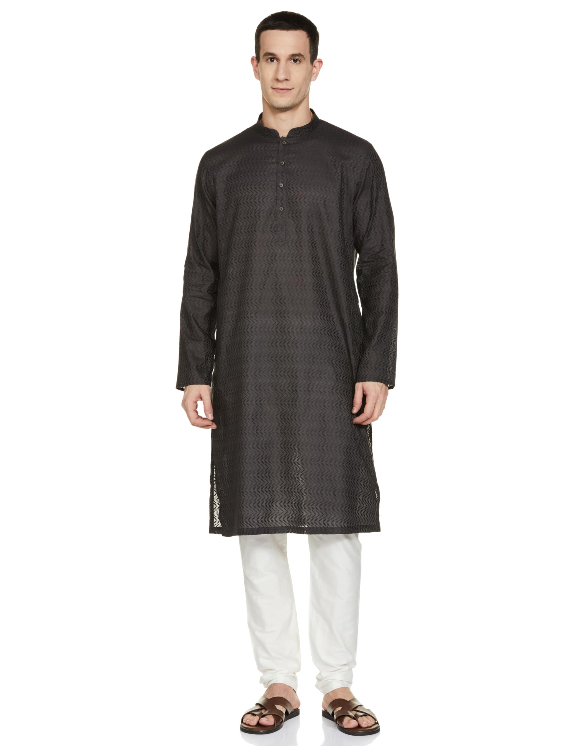 Manyavar Grey Cotton Solid Casual Kurta Set For Men