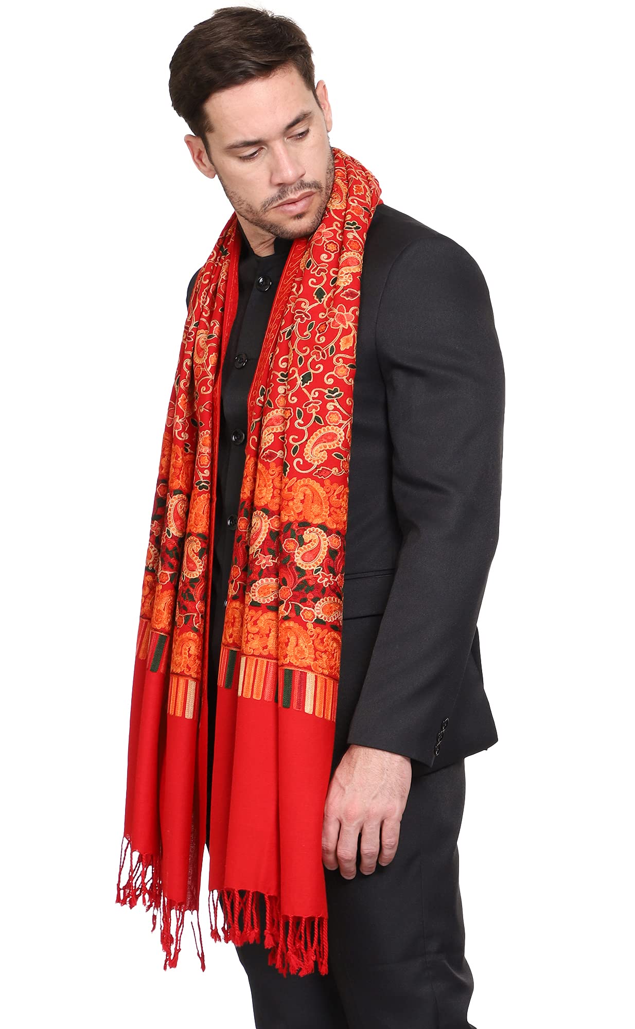 Weavers Villa Mens Floral Embroided Cashmilon Gents Shawls, Stoles, Muffler for Men, 70cm x 200cm