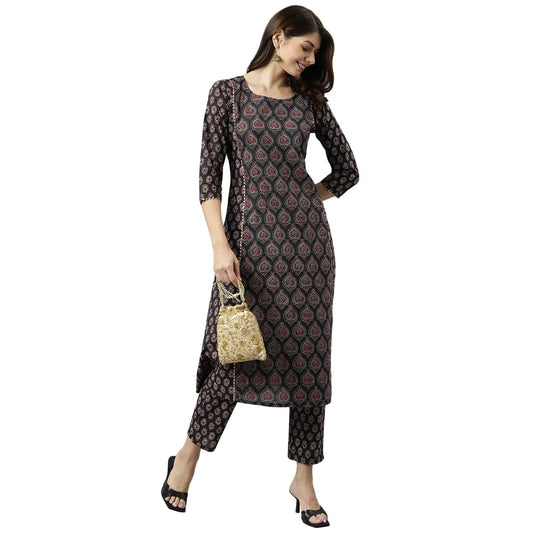 Gosriki WomenS Cotton A-Line Printed Kurta With Pant (Pranita Black_M-Go_Black_Medium)