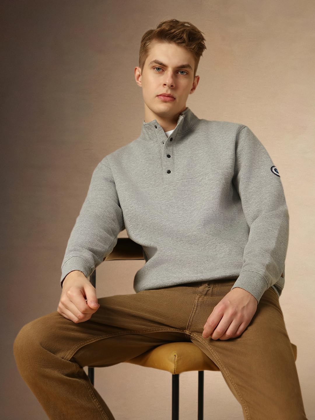 Dennis Lingo Men Grey Solid Relaxed Fit Full Sleeve Mock Collar Sweatshirt