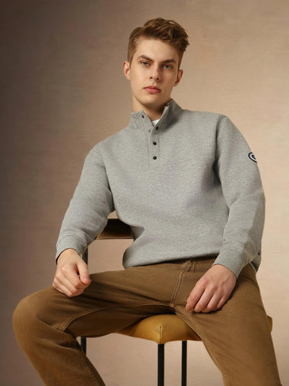 Dennis Lingo Men Grey Solid Relaxed Fit Full Sleeve Mock Collar Sweatshirt