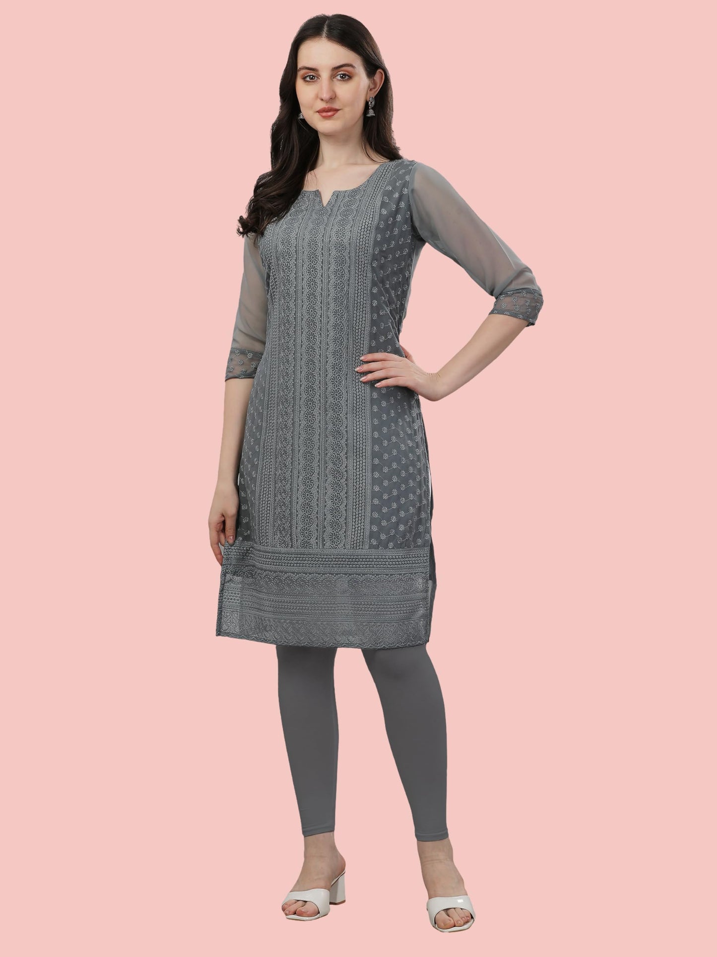 TRILLMIXA Womens Georgette Chikankari Embroidery Knee-Length Kurti for Girls Grey