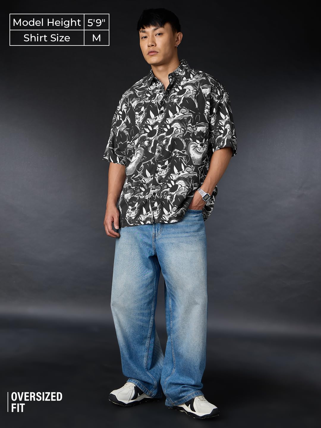 The Souled Store Looney Tunes: Sylvester Men and Boys Short Sleeves Collared Neck Black All Over Printed Viscose Lightweight Cas