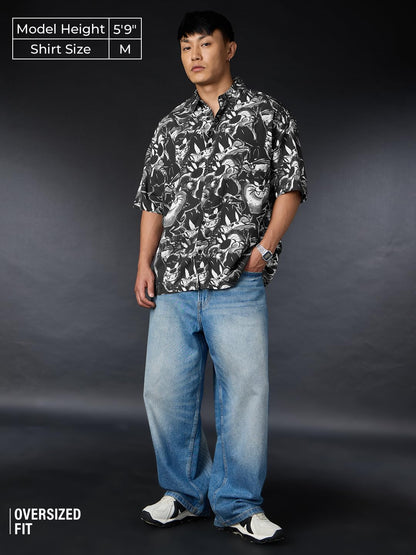 The Souled Store Looney Tunes: Sylvester Men and Boys Short Sleeves Collared Neck Black All Over Printed Viscose Lightweight Cas