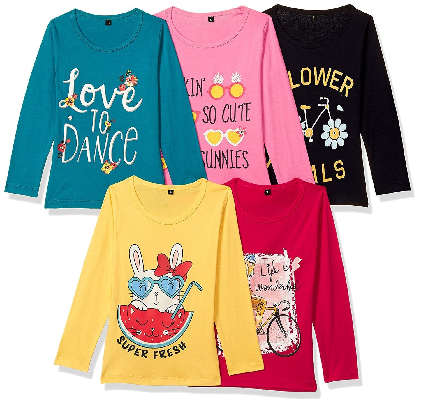T2F Girls Cotton Printed Regular Fit Full Sleeve T-Shirt(Pack of 5)