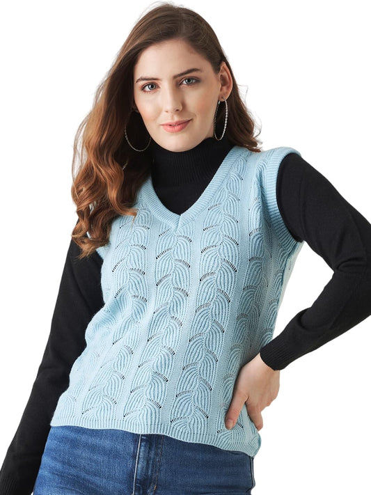 Modeve Self Design V Neck Casual Women Light Blue Sweater||Winterwear||