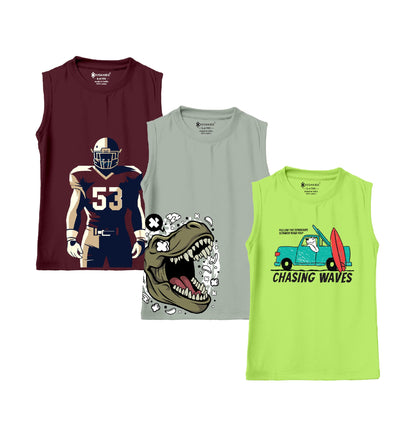 Kyda Kids 100% Cotton Bio Washed Premium Printed Boys Sleeveless Loose Fit Tshirt - Antibacterial Boys Vest - Pack Of 3