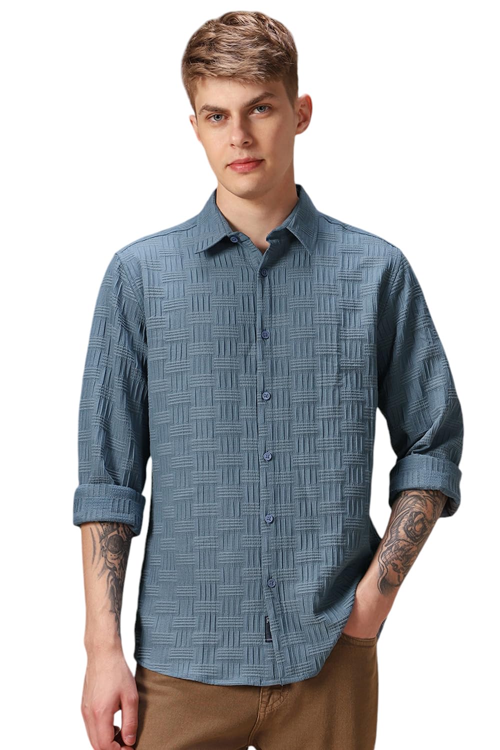 Dennis Lingo Regular Fit Full Sleeves Spread Collar Textured Men Shirt Blue