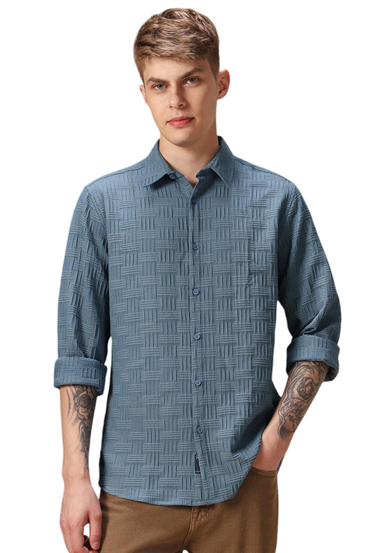 Dennis Lingo Regular Fit Full Sleeves Spread Collar Textured Men Shirt Blue