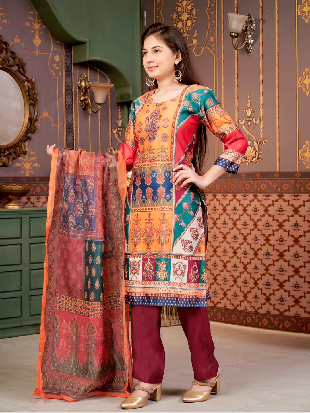 Aarika Girls Ethnic Wear Green-Wine Colour Abstract Embalished Satin Kurti Pant Set-8-15 Years (Kp-Tr-K-1059)