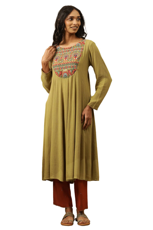 W for Woman Folksong by W Women Green Festive Solid Viscose Flared Kurta