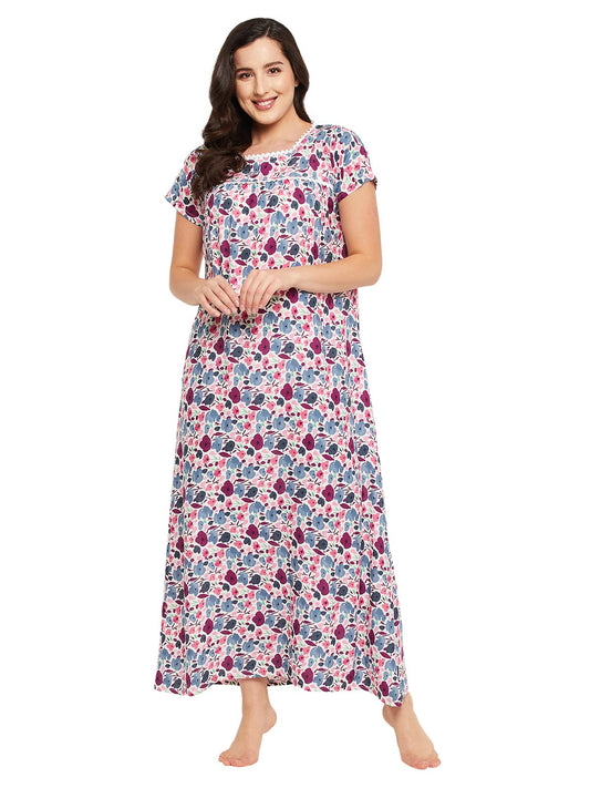Clovia Womens Rayon Pretty Florals Long Nighty (NS1211P19_White_XL)