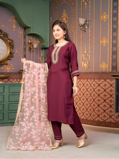 Aarika Girls Ethnic Wear Wine Colour Sequin Embroidery Silk Kurti Pant Set-10-15 Years (Kp-Sd-6001)