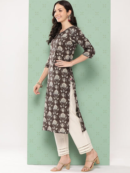 Varanga Women Grey Floral Printed Straight Kurta with Three Quarter Sleeves