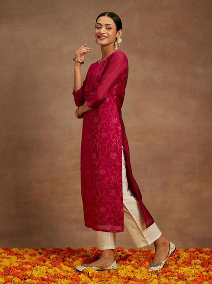 Libas WomenS Chanderi Silk Embroidered Straight Kurta (58009_Hot Pink