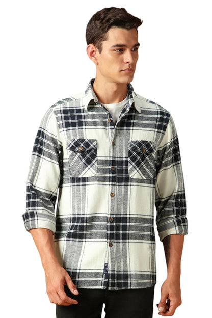 Dennis Lingo Men Flannel Check 100%-Cotton Relaxed-Fit Full-Sleeves Shirts White