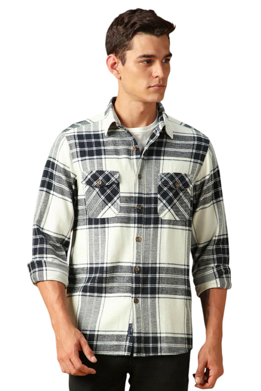Dennis Lingo Men Flannel Check 100%-Cotton Relaxed-Fit Full-Sleeves Shirts White