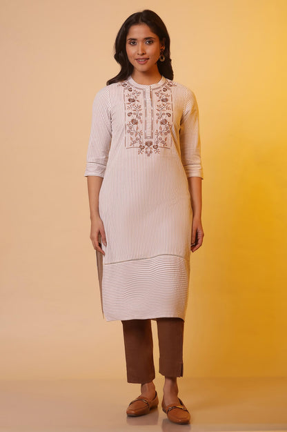 Aurelia Women Off White Striped Cotton Straight Kurta