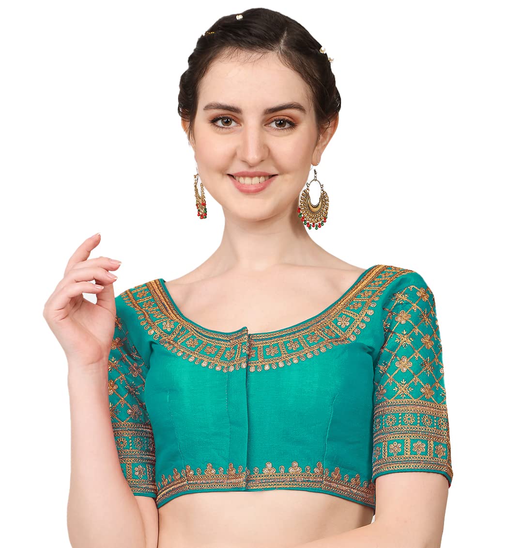 Pujia Mills WomenS Silk Embroidery Sequin Stone Work Readymade Saree Blouse