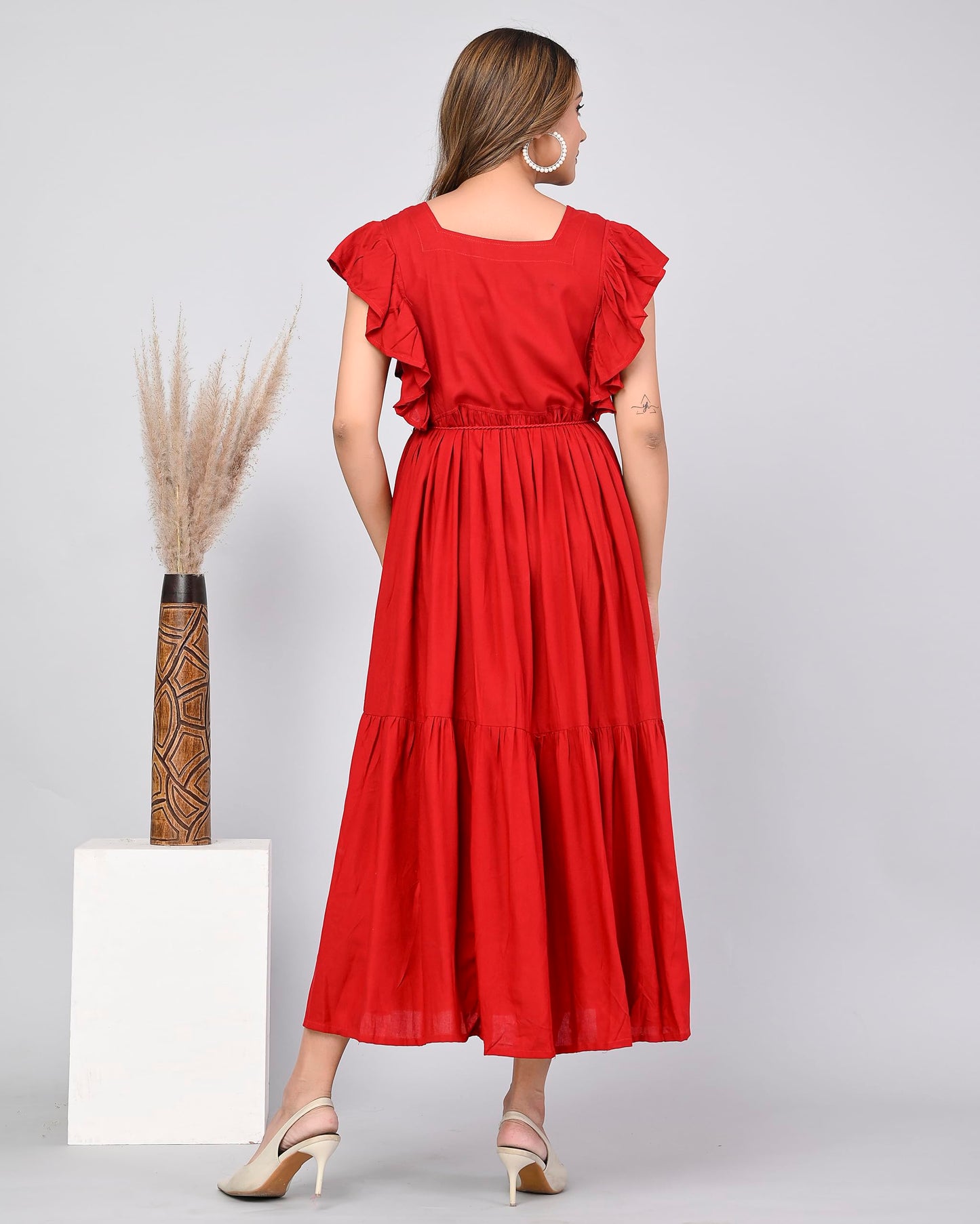 Digital Shopee Western Dress For Women Viscose Rayon Solid Long Puff Sleeves Fit & Flared Dress Square Neck One Piece Solid Pack