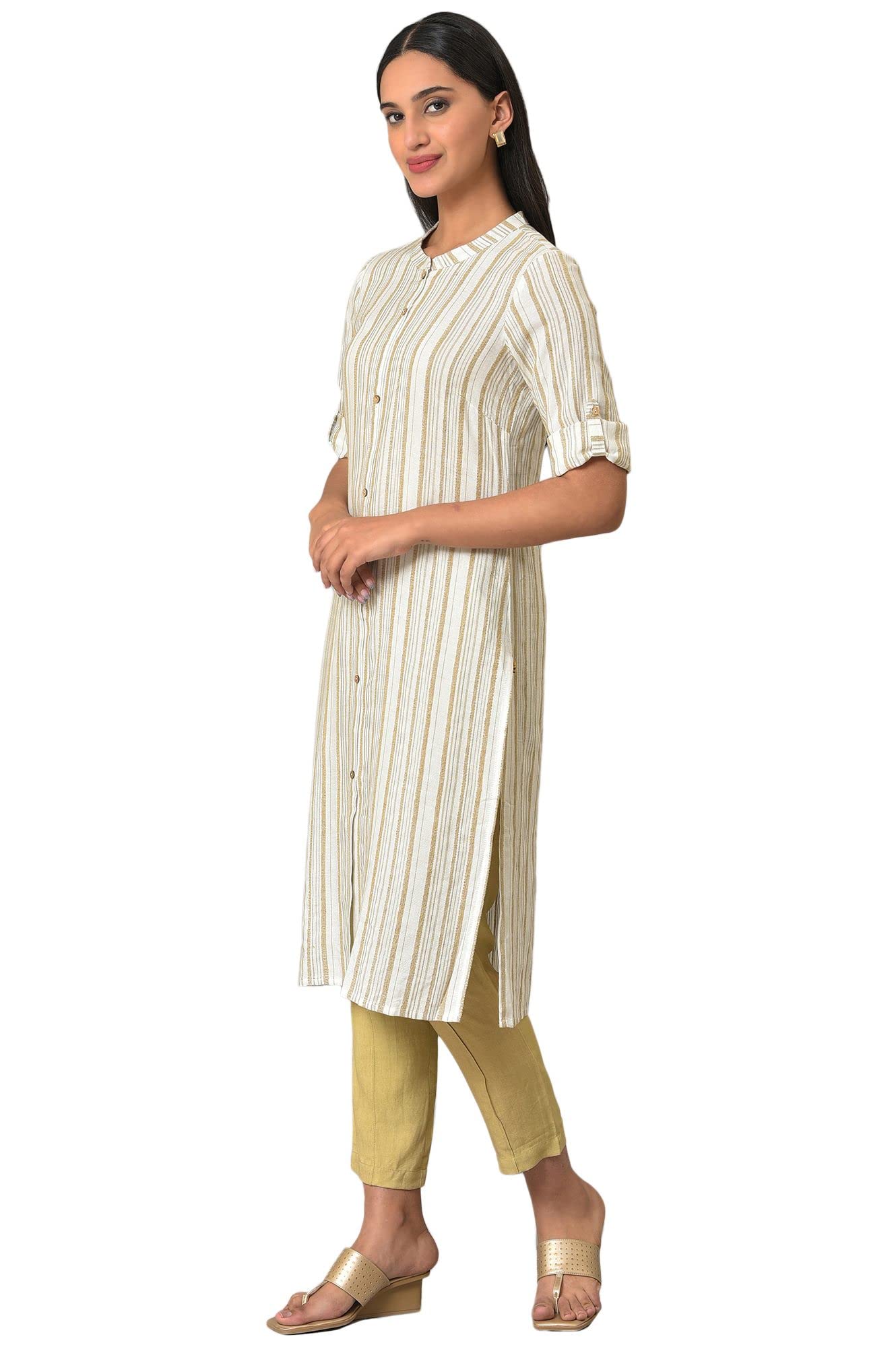 Aurelia Rayon Women Stripe Printed Kurta in Mandarin Collar