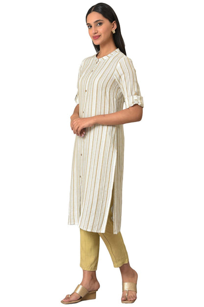 Aurelia Rayon Women Stripe Printed Kurta in Mandarin Collar