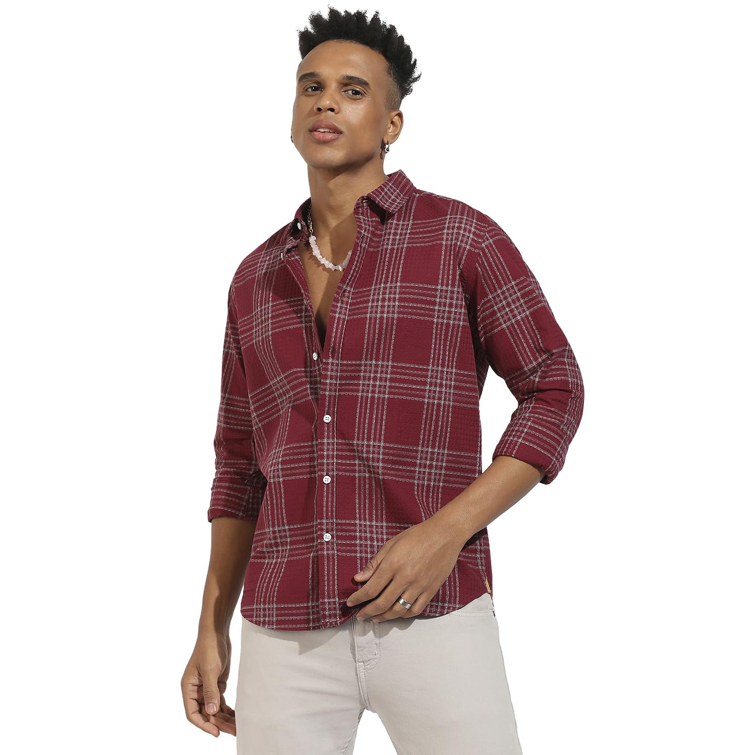 Campus Sutra Mens Regular Fit Shirt (CBSSSM23_CSMSSRT5709_Maroon Red
