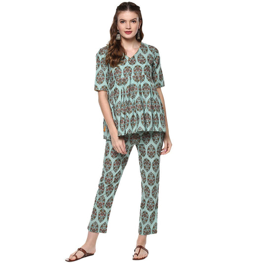 idaLia Women's Multicolour Printed Short Cotton Kurta Set