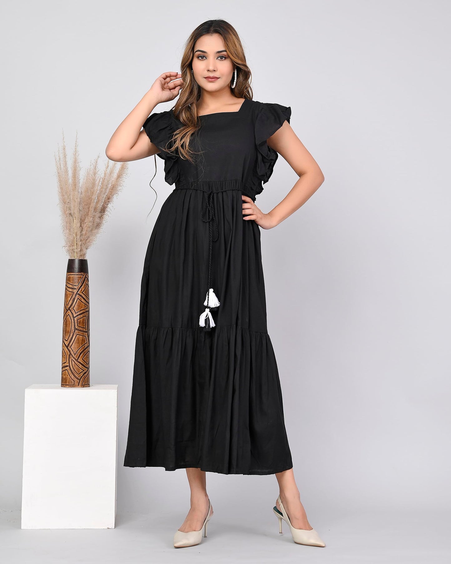 Digital Shopee Western Dress For Women Viscose Rayon Solid Long Puff Sleeves Fit & Flared Dress Square Neck One Piece Solid Pack