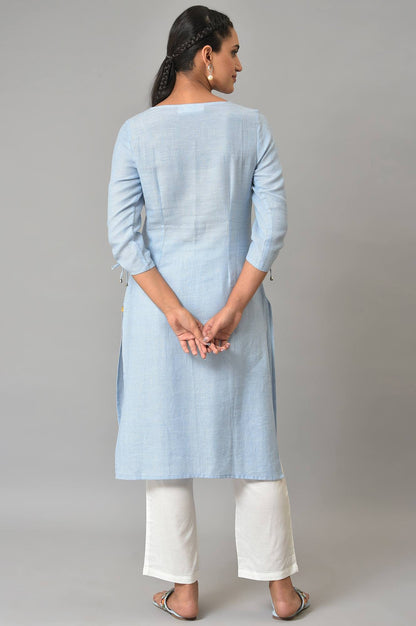 Blue Cotton Round Neck Embroidered Kurta