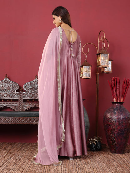 Varanga Women Mauve V Neck Embroidered Kurta With Tonal Sequence Net Dupatta