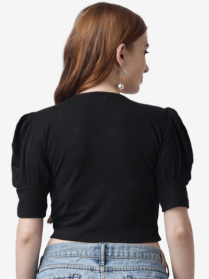 POPWINGS Casual Puff-Sleeves Ribbed Crop Top for Women || Sweet Heart Neck Summer Crop Top for Women || Crop Tops for Women Late