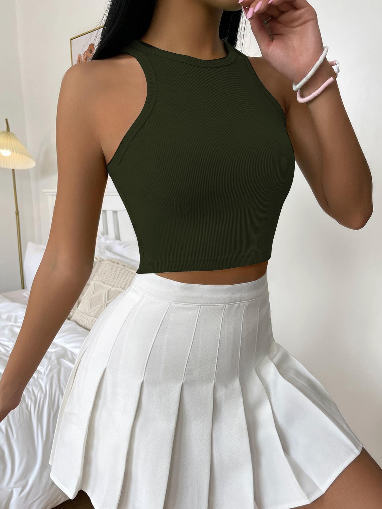 Toochki Top for Women| Crop Short Tops | Spandex | Olive | Strachable Tank Style Solid Tunics for Girls