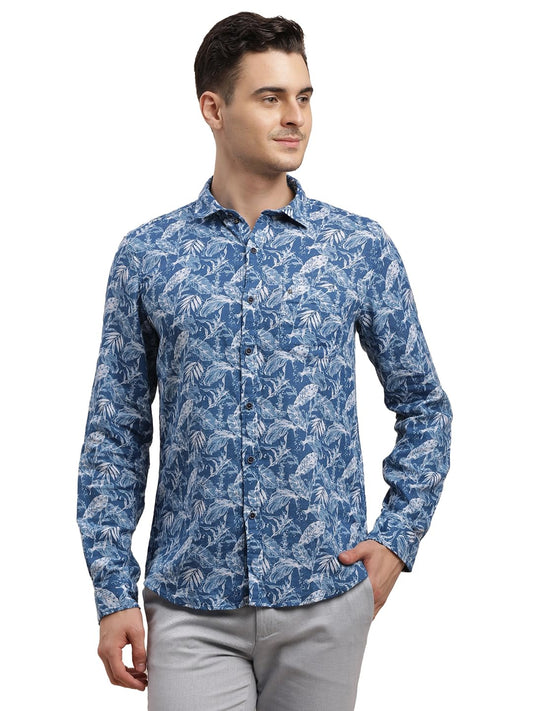 Turtle Men 100% Cotton Printed Slim Fit Blue Casual Shirt