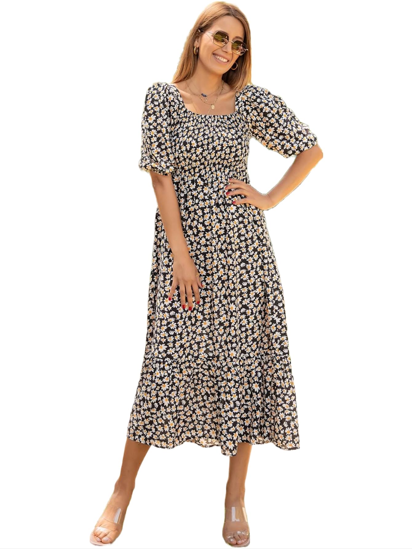 Sheetal Associates WomenS Casual Flower Print Puff Sleeves Maxi Dress - Pack Of 1 Black
