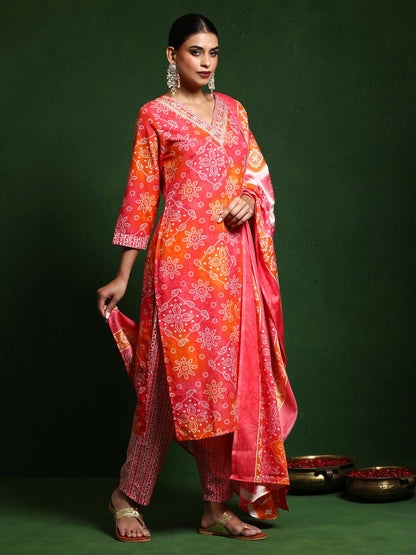 Varanga Women Bandhani Printed V Neck Kurta With Trouser & Dupatta Orange