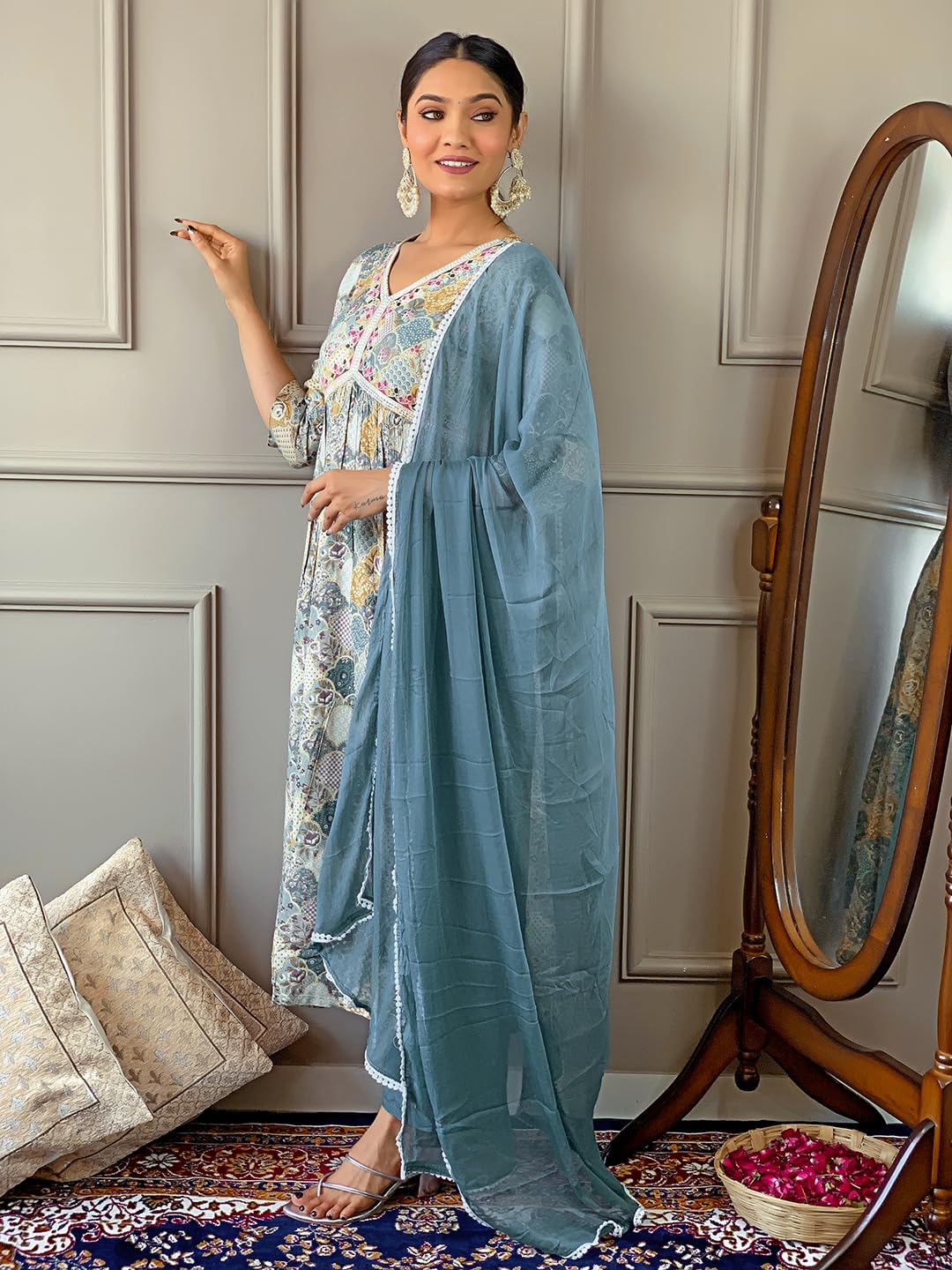 Naixa WomenS Firoji Viscose Rayon Printed Flared Kurta With Pant And Laced Dupatta Set