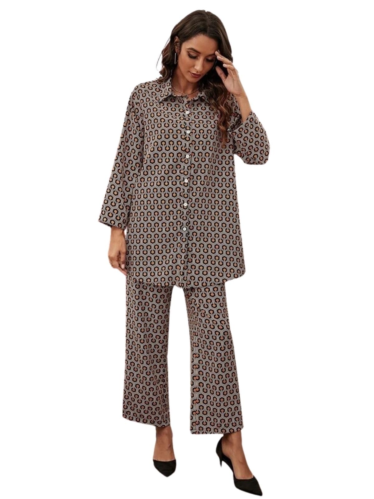 Greciilooks Women Co Ord Set| Geo Print Button Front With Wide Leg Pants| Long Sleeve Shirt| Straight Geo Printed Pant| Women Tw