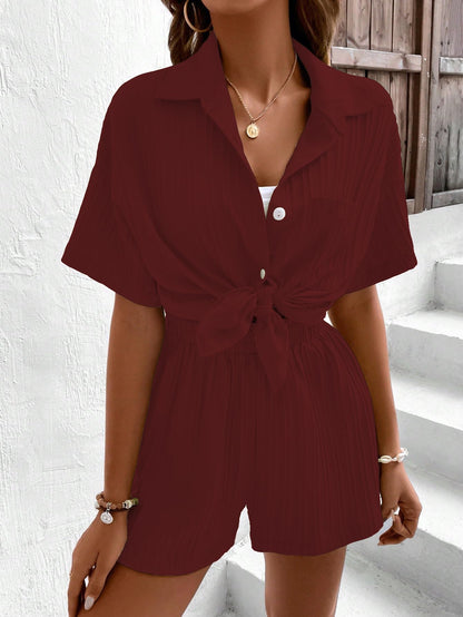 Shasmi Women & Girls Maroon Solid Color Button Front Vacation Solid Texture Short Sleeve Loose Fit Drop Shoulder Pocket Shirt an