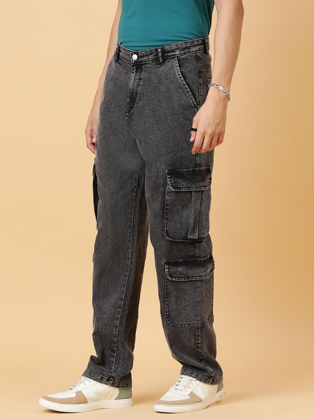 Kotty MenS Solid Mid Rise Straight Fit Stylish Looking Cargo Jeans(Grey,28)