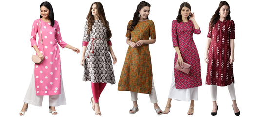 ANNI DESIGNER Women's Crepe Straight Printed Kurta Pack of 5 (Crepe-Combo-NW_023)