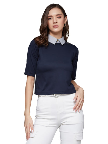 Miss Chase Womens Collar Neck Half Sleeves Solid Boxy Crop Top (MCAW23TP99-52-188-06, Navy Blue and Grey, XL)