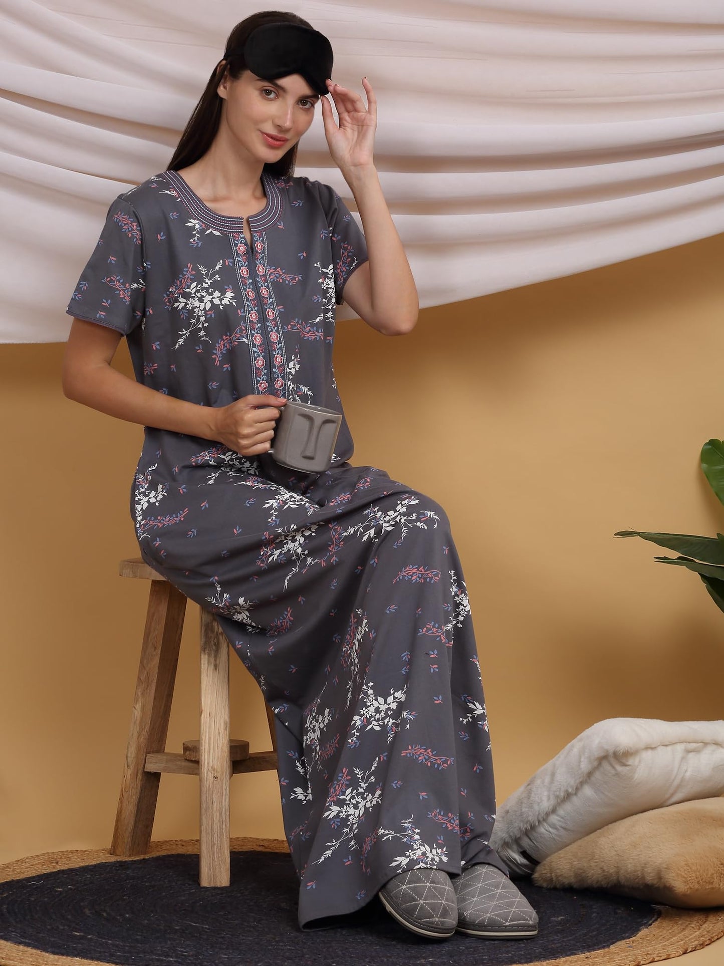 Sweet Dreams Women Printed Night Dress Dark Grey