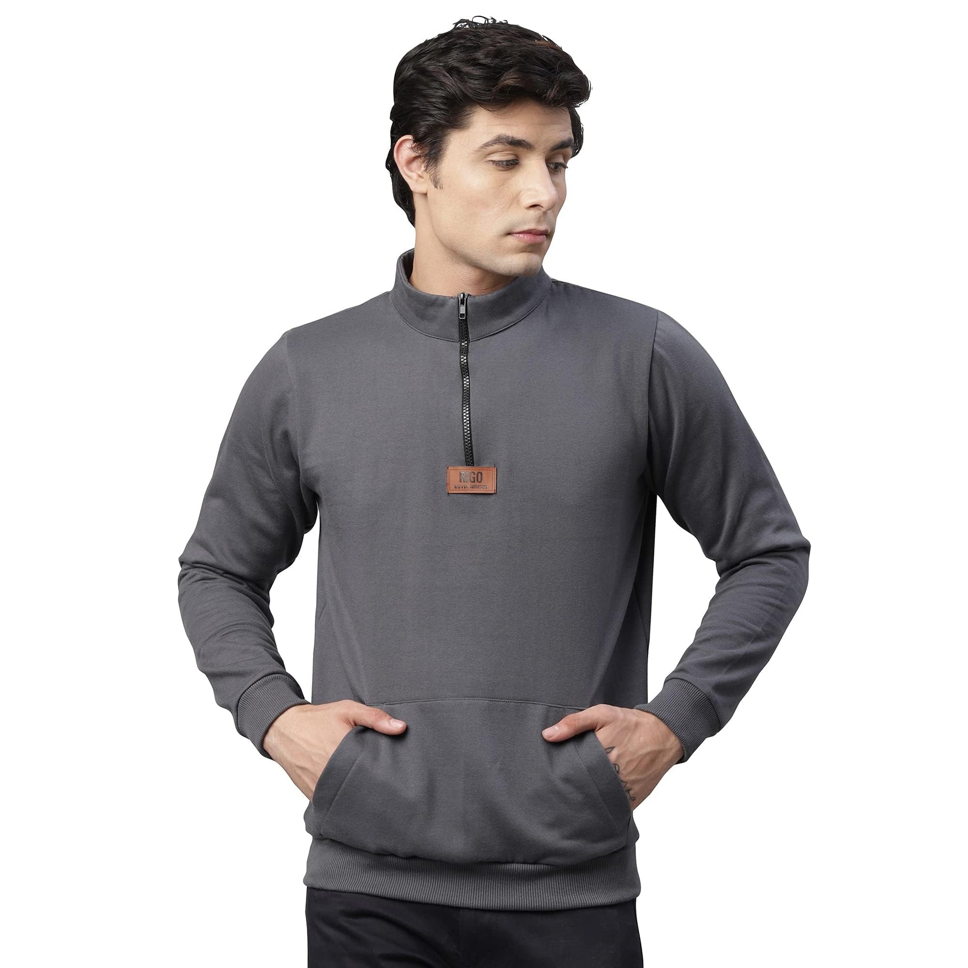 Rigo Mens Dark Grey Solid Full Sleeves High Neck Half-Zip Stand Collar Cotton Fleece Sweatshirt