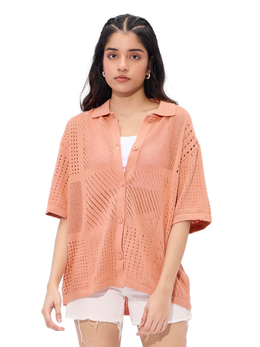 The Souled Store Open Knit Shirt: Peach Women and Girls Long Sleeve Collared Neck Button Down Boyfriend Shirts Womens Boyfriend