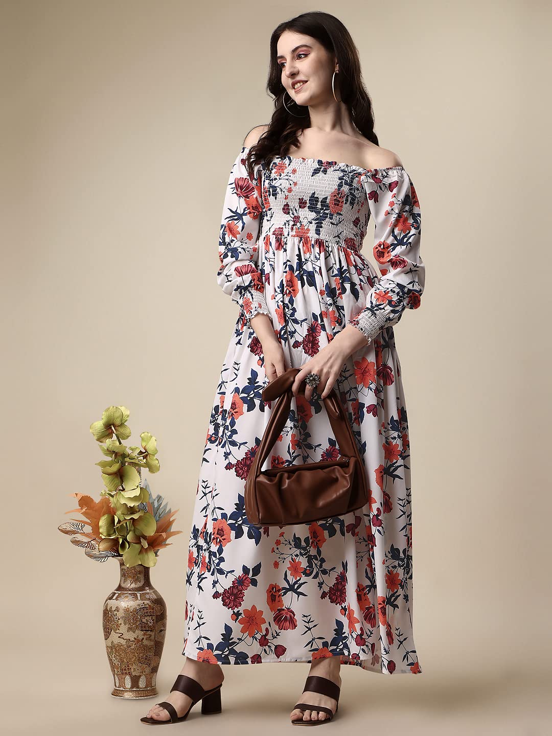 Sheetal Associates WomenS Floral Printed Crepe Full Length Dress White