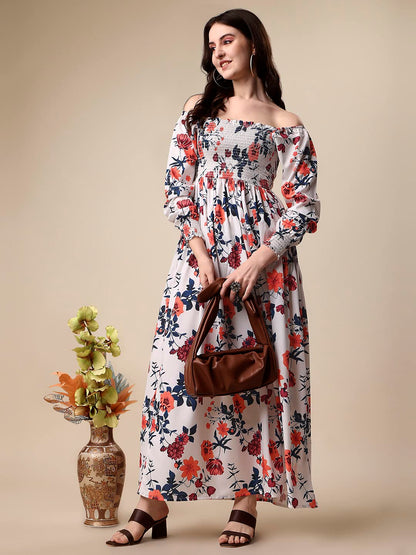 Sheetal Associates WomenS Floral Printed Crepe Full Length Dress White