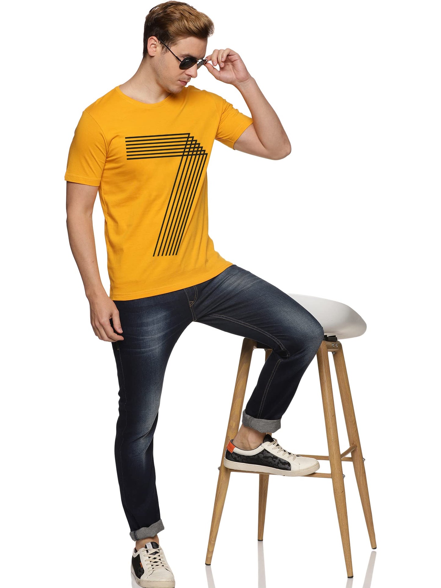 ADRO Men's 7 Number Design Printed T-Shirt (RN23-M-777-MU_Mustard)